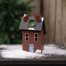 Wooden Snowy Red Double Chimney Saltbox House - 6"H