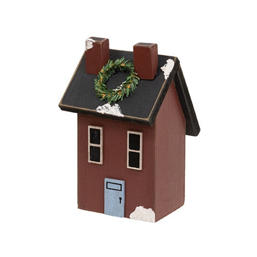 Wooden Snowy Red Double Chimney Saltbox House - 6"H