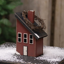 Wooden Snowy Slant Roof Red Saltbox House - 5.75"H