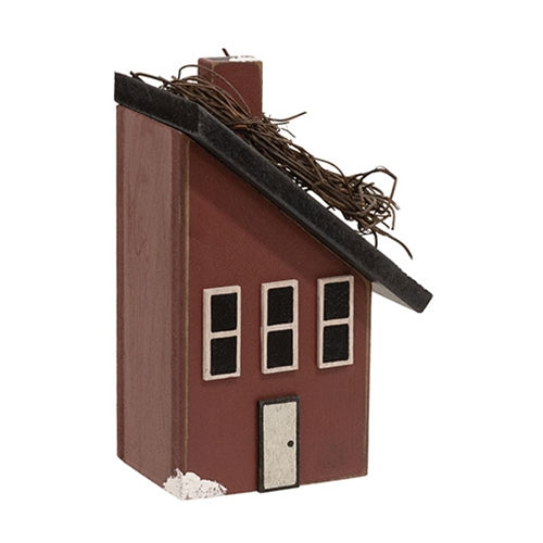 Wooden Snowy Slant Roof Red Saltbox House - 5.75"H