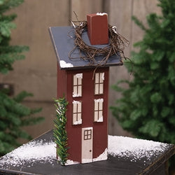 Wooden Snowy Red Saltbox House - 11.5"H