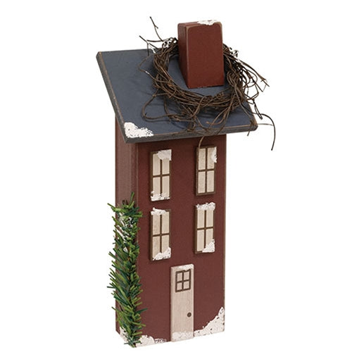 Wooden Snowy Red Saltbox House - 11.5"H