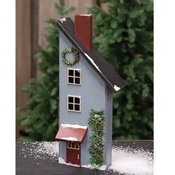 Wooden Snowy Blue Slant Roof Saltbox House - 14.25"H