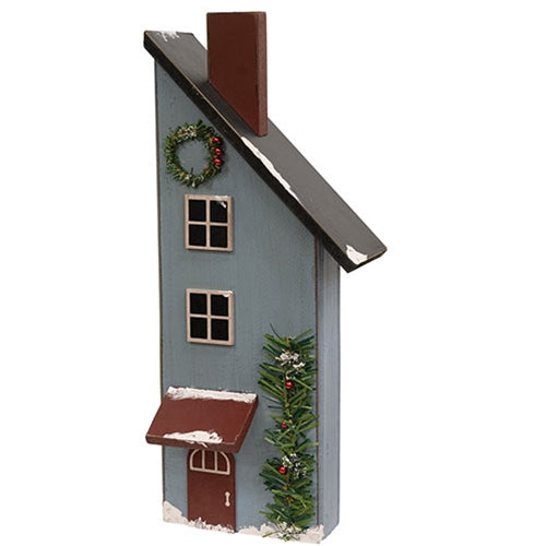 Wooden Snowy Blue Slant Roof Saltbox House - 14.25"H