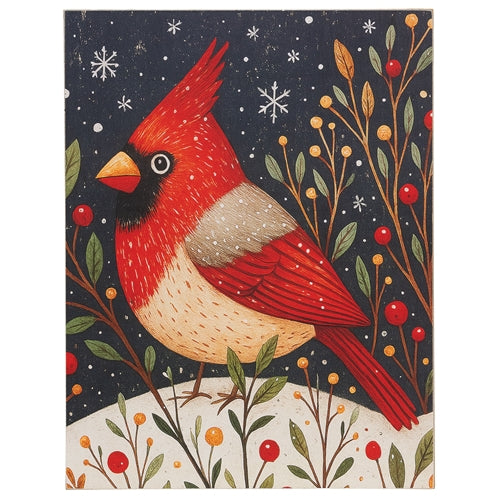 Nordic Cardinal At Night Wooden Sign - 10.5" x 13.5"H