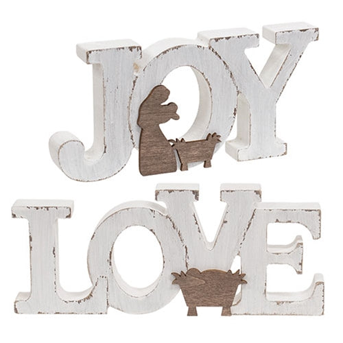 Rustic White Wood Joy Or Love Nativity Sitter - 2 Asstd.