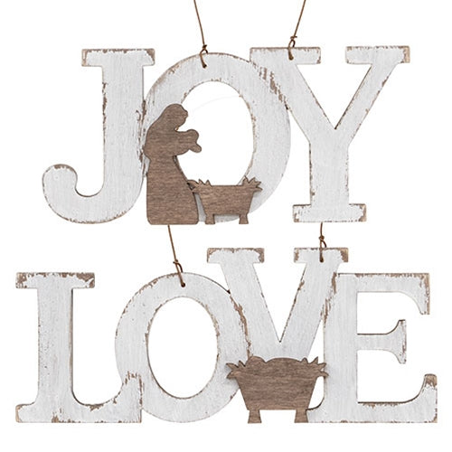 Rustic White Wood Joy Or Love Nativity Ornament - 2 Asstd.