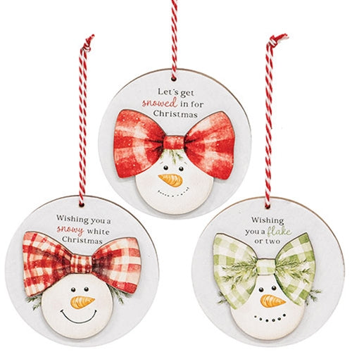 Snowgirl With Bow Round Ornament - 3 Asstd.