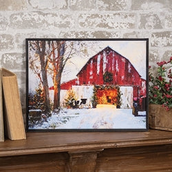 Cozy Christmas Barn with Cow Framed Canvas - 16.5" x 12.5"
