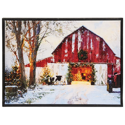 Cozy Christmas Barn with Cow Framed Canvas - 16.5" x 12.5"
