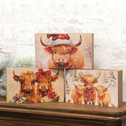 Christmas Highland Cows Box Sign - 3 Asstd.