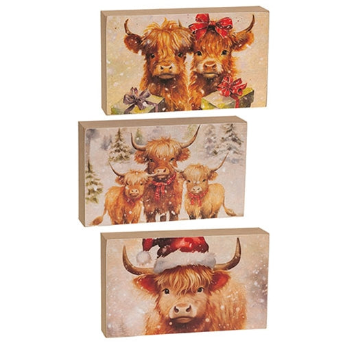 Christmas Highland Cows Box Sign - 3 Asstd.
