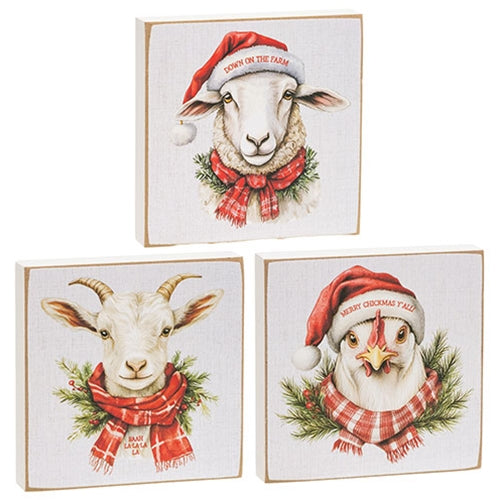 Merry Chickmas On The Farm 4" Square Block - 3 Asstd.