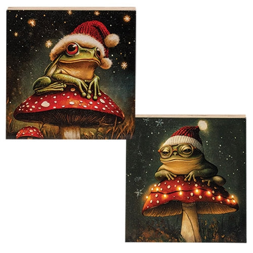 Santa Frog on Mushroom Block - 5" Sq - 2 Asstd