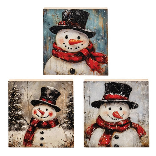 Distressed Woodland Tophat Snowman Block - 5 In Sq - 3 Asstd