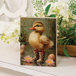 Duckling In Pink Polka Dot Rainboots Block - 4.5"x6"
