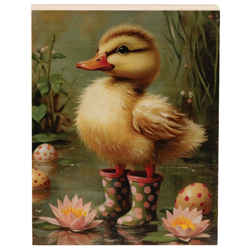 Duckling In Pink Polka Dot Rainboots Block - 4.5"x6"