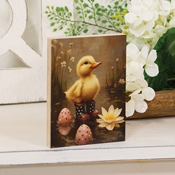Duckling In White Polka Dot Rainboots Block - 4.5"x6"