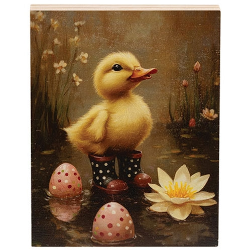 Duckling In White Polka Dot Rainboots Block - 4.5"x6"