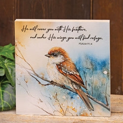 He Will Cover You Sparrow Block - 6" Sq.