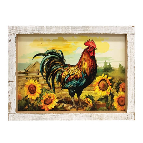 Sunflower Field Rooster Distressed White Frame - 17.75" x 13.75"
