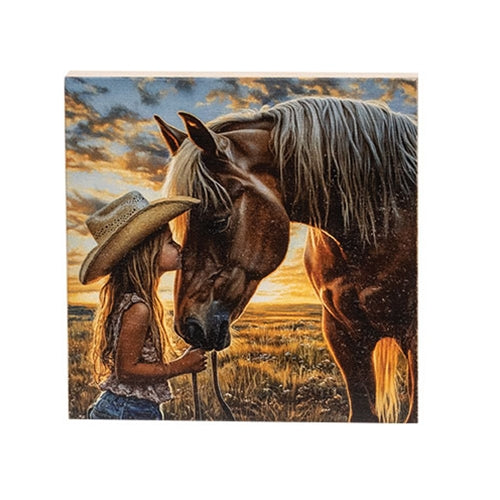 Cowgirl With Horse Block - 5" Sq.