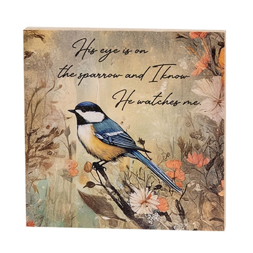 His Eye Is On the Sparrow Bluebird Block - 6" Sq.
