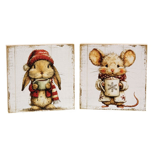 Hot Cocoa Bunny or Mouse Block - 5" Sq. - 2 Asstd.