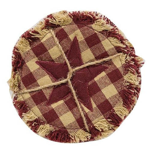 4/Set Burgundy & Tan Check Star Applique Round Coasters