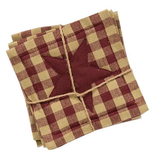 4/Set Burgundy & Tan Check Star Applique Square Coasters