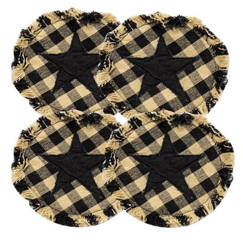 4/Set Black & Tan Check Star Applique Round Coasters