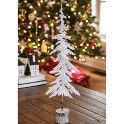 *White Washed Metal Christmas Tree w/Birch Wrapped Base - 24"H