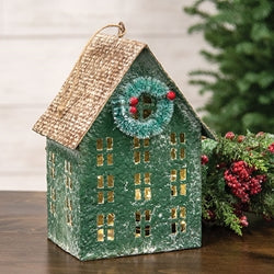 Distressed Green Metal Winter Birdhouse w/Wreath