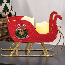 Distressed Red Metal Merry Christmas Sleigh w/Wreath