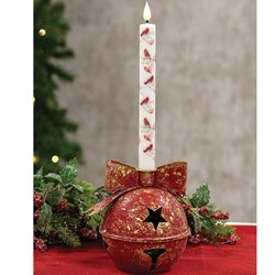 Distressed Red Metal Bow Jingle Bell Taper Holder