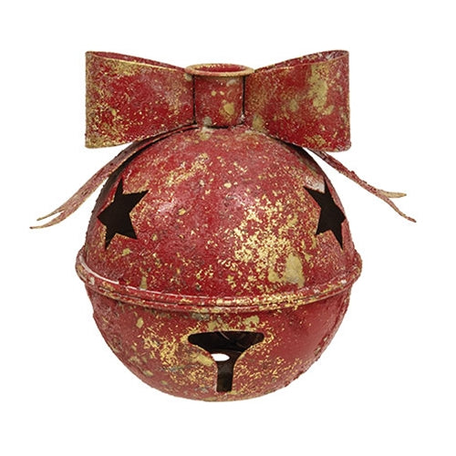 Distressed Red Metal Bow Jingle Bell Taper Holder