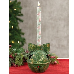 Distressed Green Metal Bow Jingle Bell Taper Holder