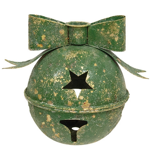 Distressed Green Metal Bow Jingle Bell Taper Holder