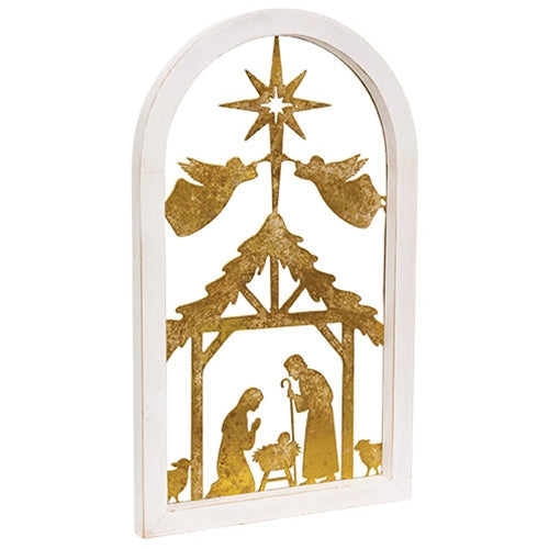 Antique Gold Metal Nativity Scene in Wood Frame - 15.75"