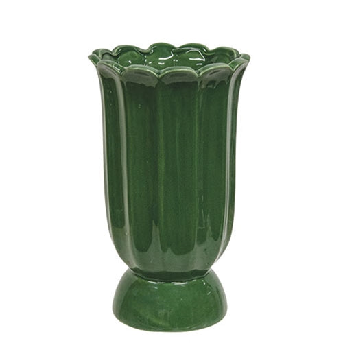 Dark Green Scalloped Ceramic Vase - 7"H