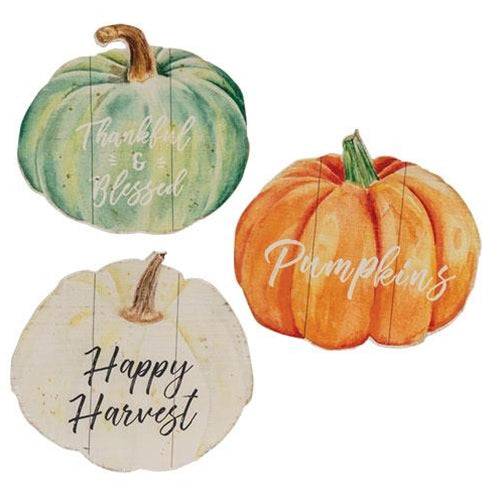 Fall Watercolor Pumpkin Wood Sign 3 Asstd.