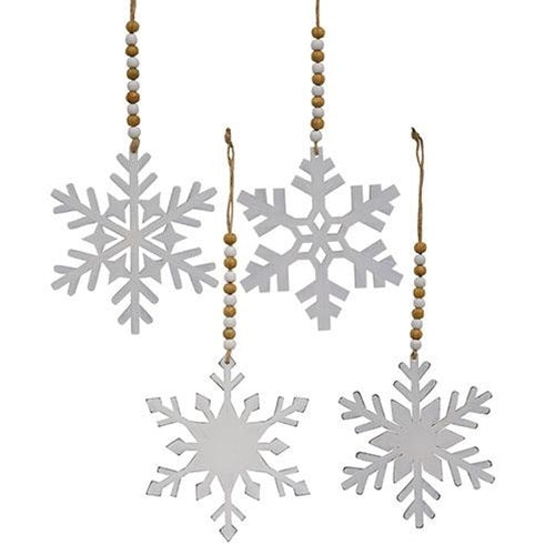 White Snowflake Wood Beaded Ornament 4 Asstd.