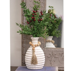 Distressed White Wooden Beaded Athens Vase - 7"H