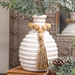 Distressed White Wooden Beaded Athens Vase - 6"H