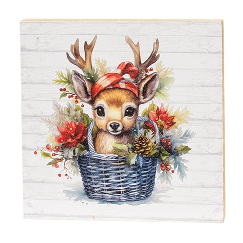 Baby Reindeer in Christmas Basket 6" Square Block
