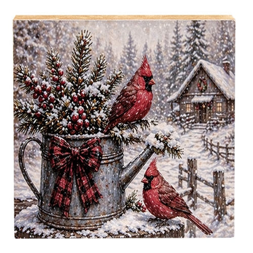 Snowy Cardinal Pair & Floral Watering Can Block - 6" Sq.
