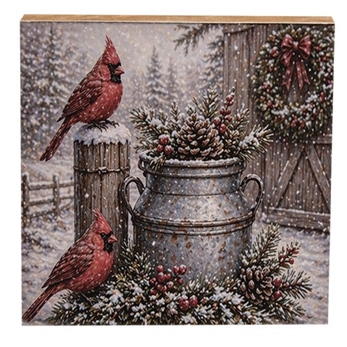 Snowy Cardinal & Floral Milk Can Block - 6" Sq.