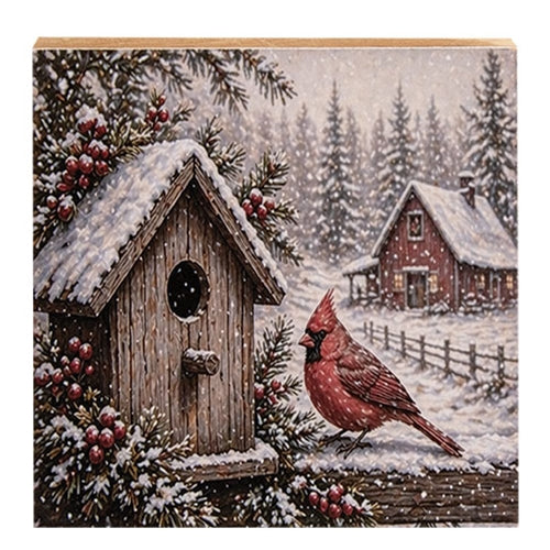 Snowy Cardinal & Birdhouse Block - 6" Sq.