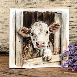 Peeking  Brown & White Calf Block 6" Sq.