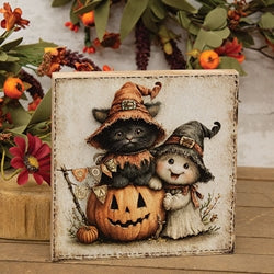 Witchy Kitten and Ghost Block - 6" Sq.